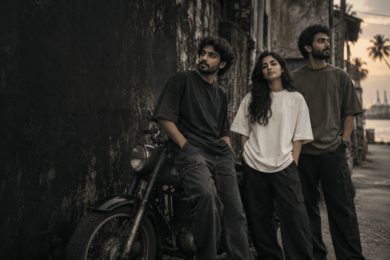 Three friends wearing oversized streetwear on a Kerala street